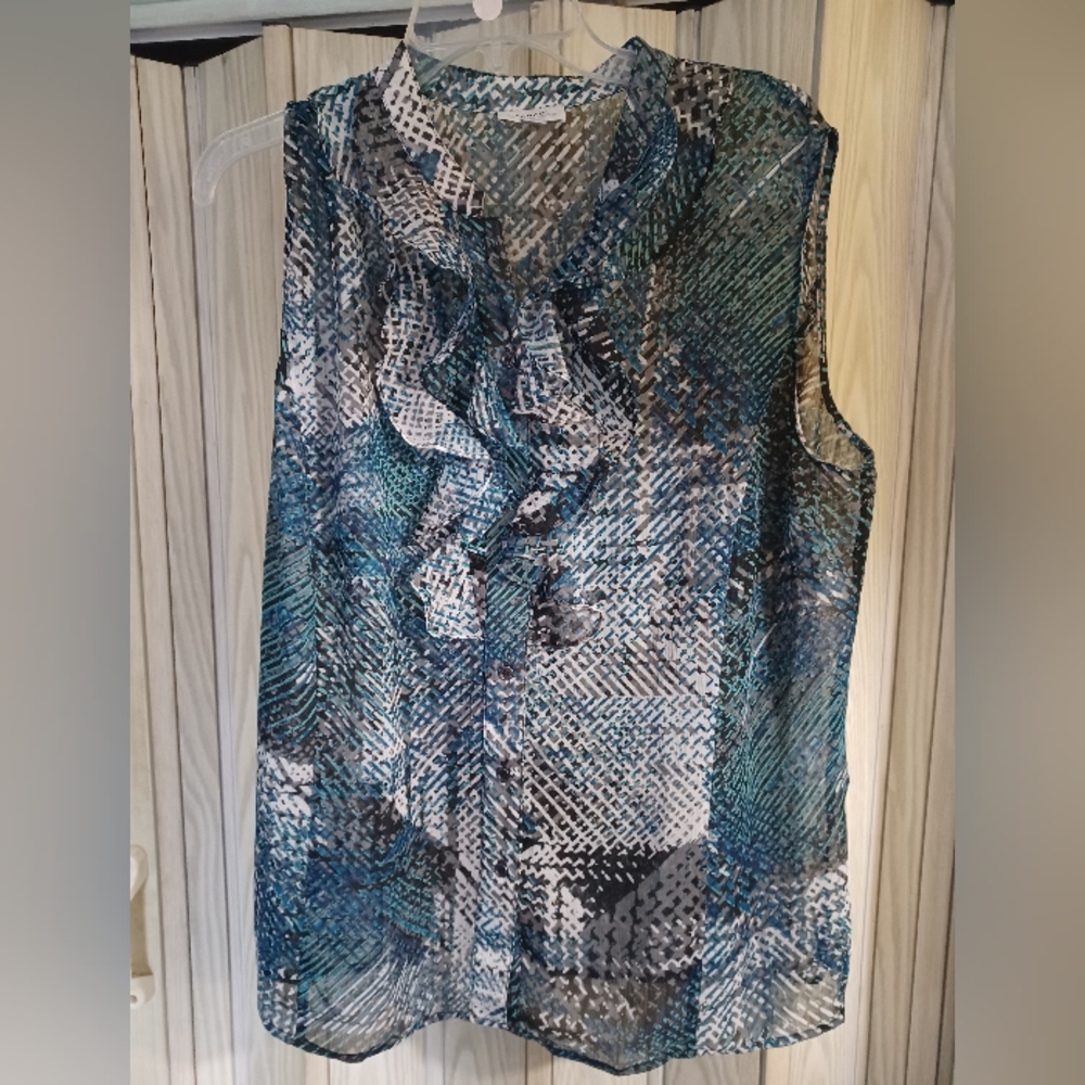 Tahari Arthur S Levine 1X sheer geometric blue grey button up shell tank ruffles